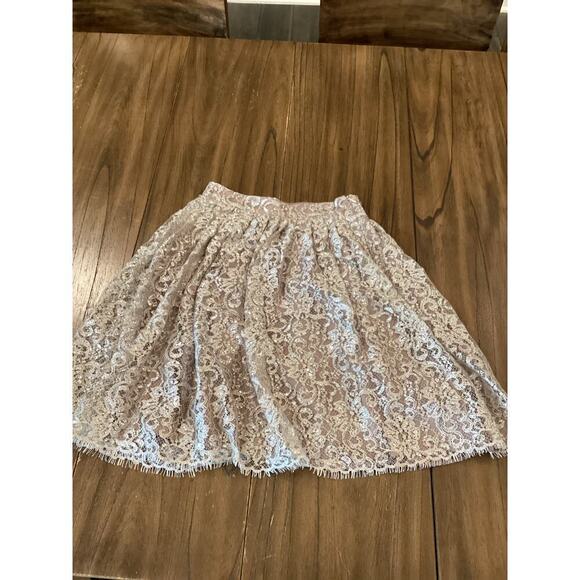 Anthropologie HD in PARIS Champagne Silver Metallic Lace Eyelash Hem Skirt Sz 0 - Picture 13 of 14